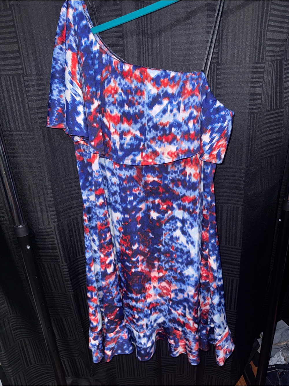 Kate & Mallory One-Shoulder Ruffle Dress in Blue, Red, White Print